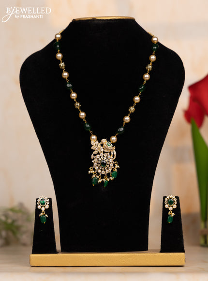 Beaded green necklace with kundan & cz stones and beads hangings in victorian finish