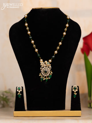 Beaded green necklace with kundan & cz stones and beads hangings in victorian finish