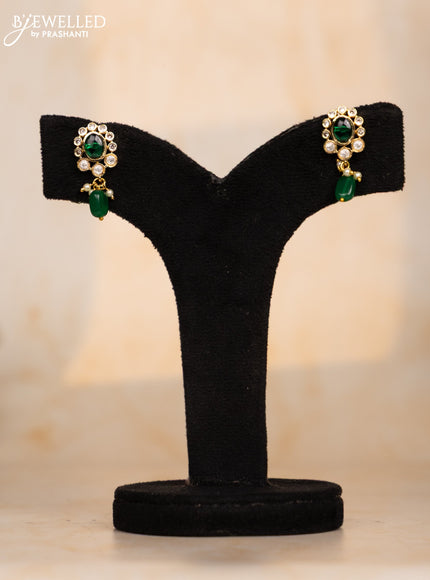 Beaded green necklace with kundan & cz stones and beads hangings in victorian finish