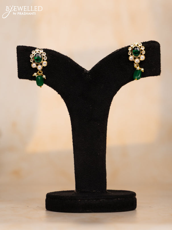 Beaded green necklace with kundan & cz stones and beads hangings in victorian finish