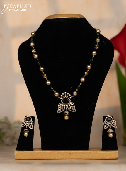 Beaded green necklace with emerald & cz stones and pearl hanging in victorian finish