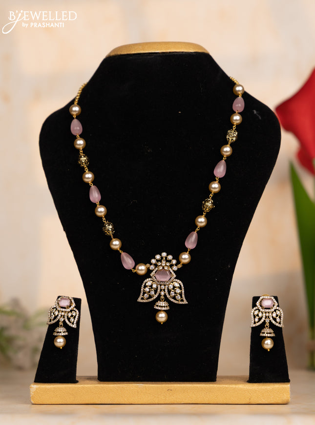 Beaded baby pink necklace with cz stones and pearl hanging in victorian finish