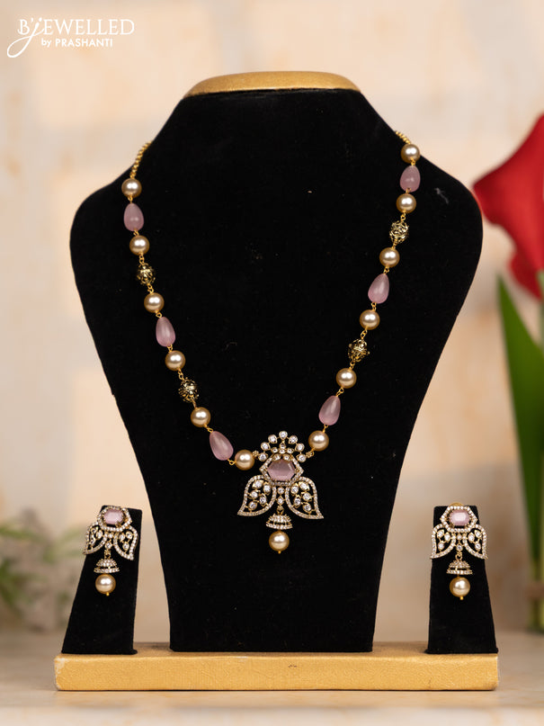 Beaded baby pink necklace with cz stones and pearl hanging in victorian finish
