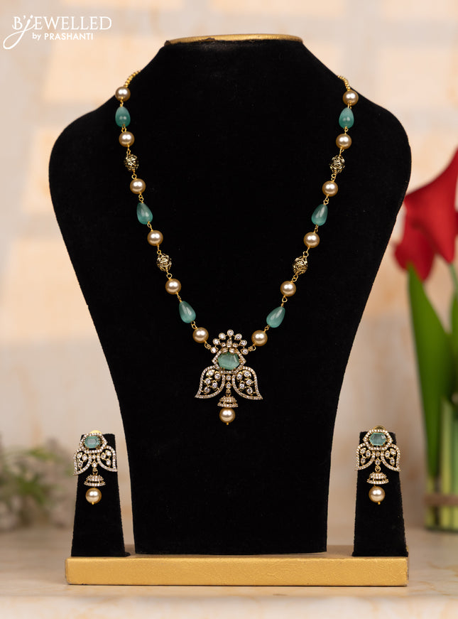 Beaded mint green necklace with cz stones and pearl hanging in victorian finish