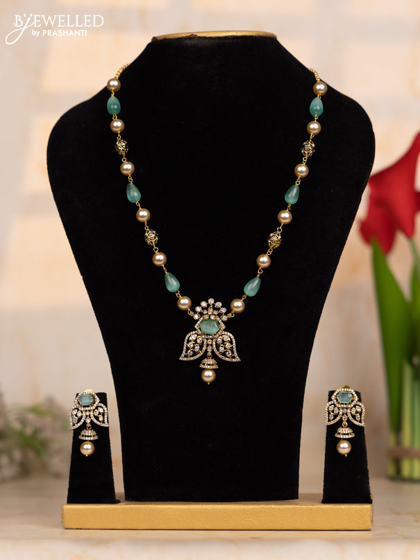 Beaded mint green necklace with cz stones and pearl hanging in victorian finish