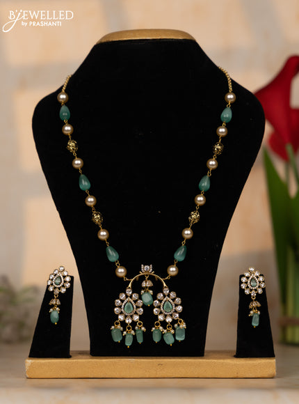 Beaded mint green necklace with cz stones and beads hangings in victorian finish