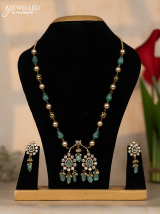 Beaded mint green necklace with cz stones and beads hangings in victorian finish