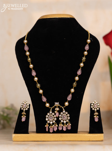 Beaded baby pink necklace with cz stones and beads hangings in victorian finish