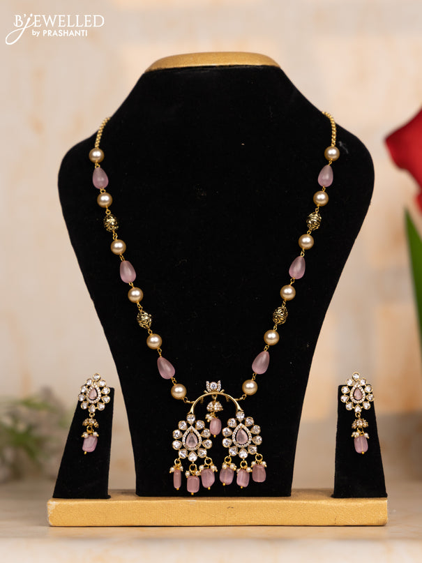 Beaded baby pink necklace with cz stones and beads hangings in victorian finish