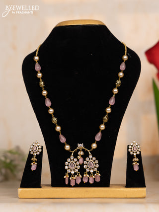 Beaded baby pink necklace with cz stones and beads hangings in victorian finish