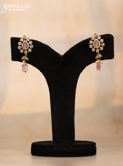 Beaded baby pink necklace with cz stones and beads hangings in victorian finish