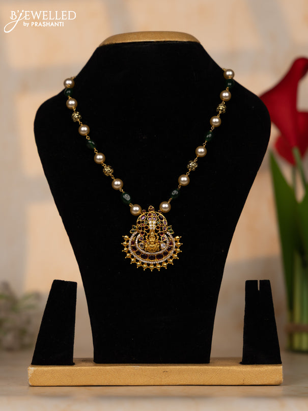 Beaded green necklace with lakshmi pendant and kemp & cz stones