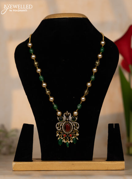 Beaded green necklace double peacock design with multicolour & cz stones and beads hangings