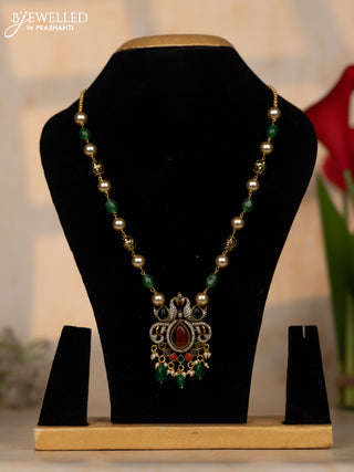 Beaded green necklace double peacock design with multicolour & cz stones and beads hangings