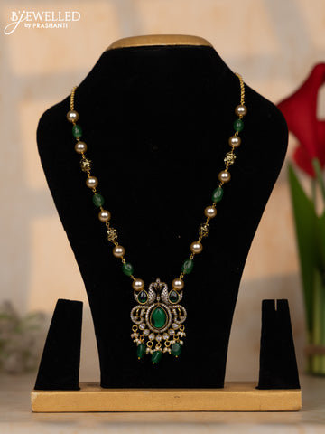 Beaded green necklace double peacock design with emerald & cz stones and beads hangings