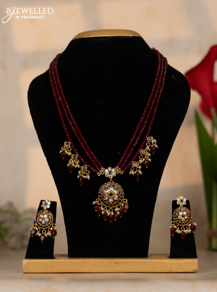 Crystal beaded maroon necklace floral design with kemp & cz stones and beads hangings in victorian finish