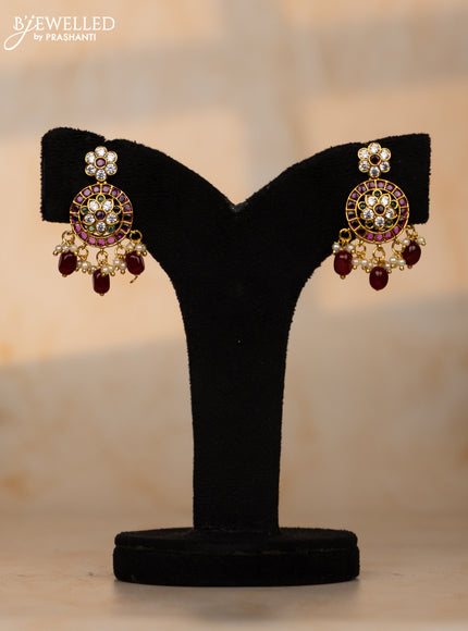 Crystal beaded maroon necklace floral design with kemp & cz stones and beads hangings in victorian finish