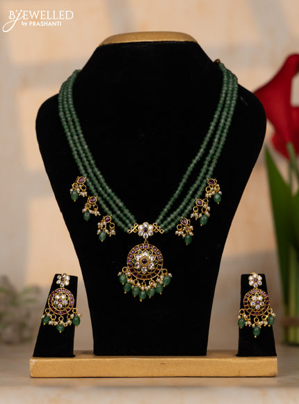 Crystal beaded mint green necklace floral design with kemp & cz stones and beads hangings in victorian finish