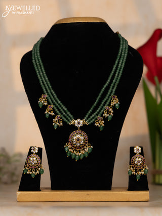 Crystal beaded mint green necklace floral design with kemp & cz stones and beads hangings in victorian finish