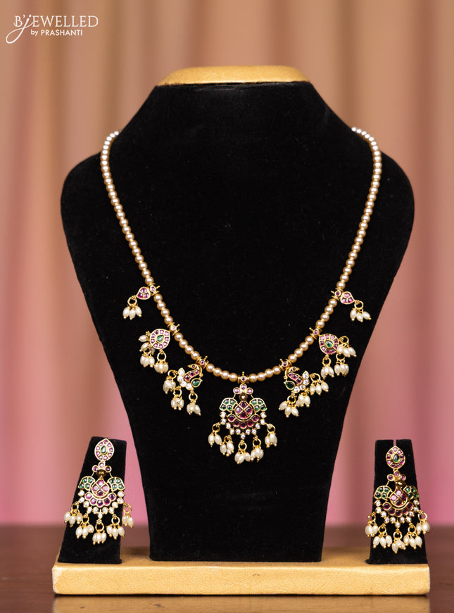 Pearl necklace peacock design with kemp and cz stones in pearl hangings