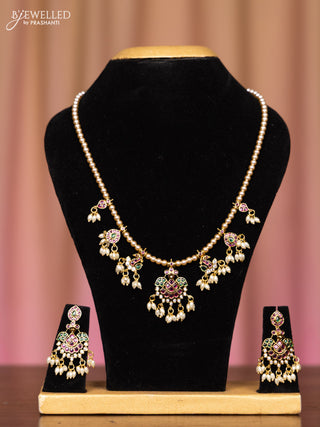 Pearl necklace peacock design with kemp and cz stones in pearl hangings