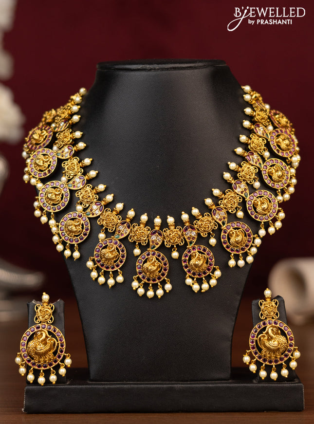 Antique guttapusalu necklace peacock & manga design with kemp & cz stones and pearl hangings