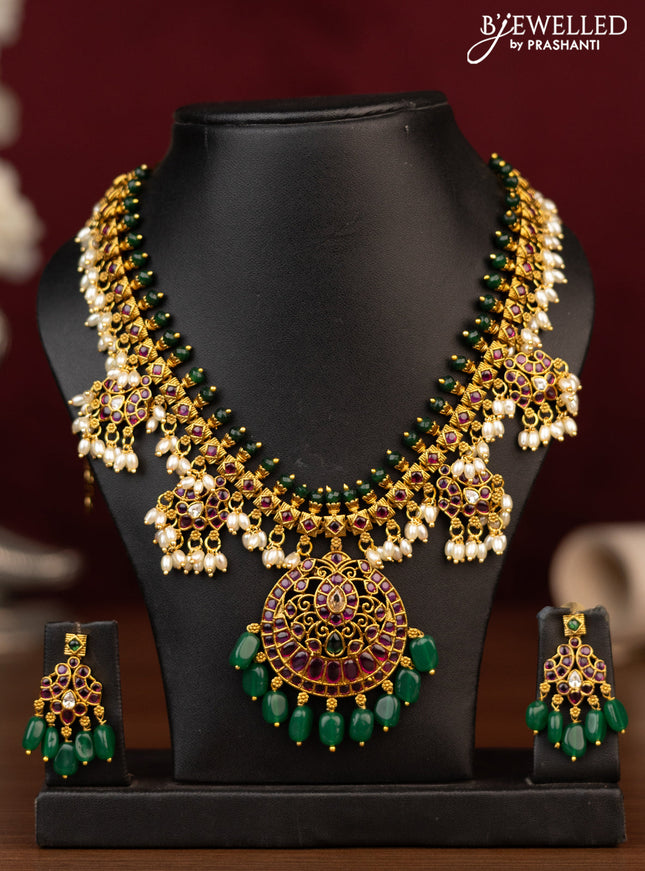 Antique guttapusalu necklace chandbali design with kemp & cz stones and pearl & beads hanging
