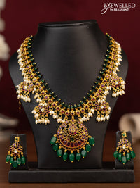 Antique guttapusalu necklace chandbali design with kemp & cz stones and pearl & beads hanging