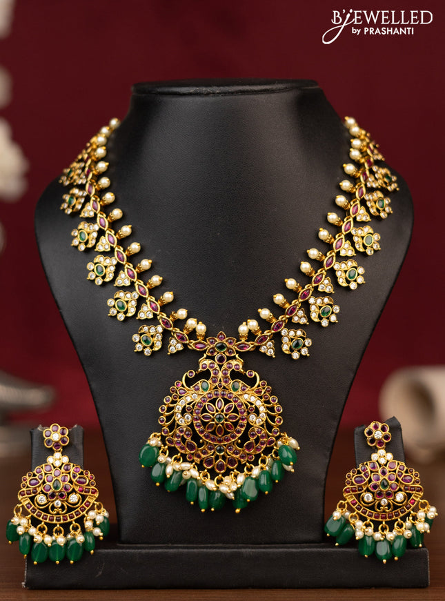 Antique guttapusalu necklace with kemp & cz stones and pearl & beads hanging