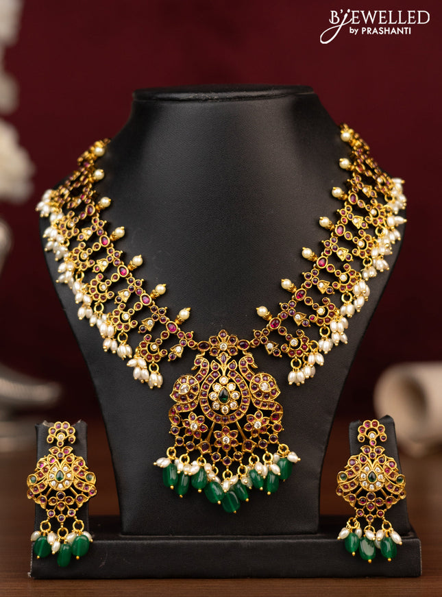 Antique guttapusalu necklace with kemp & cz stones and pearl & beads hanging