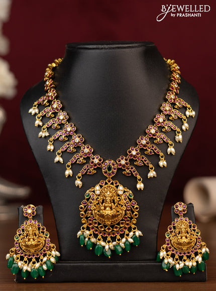 Antique guttapusalu necklace lakshmi pendant with kemp & cz stones and pearl & beads hanging