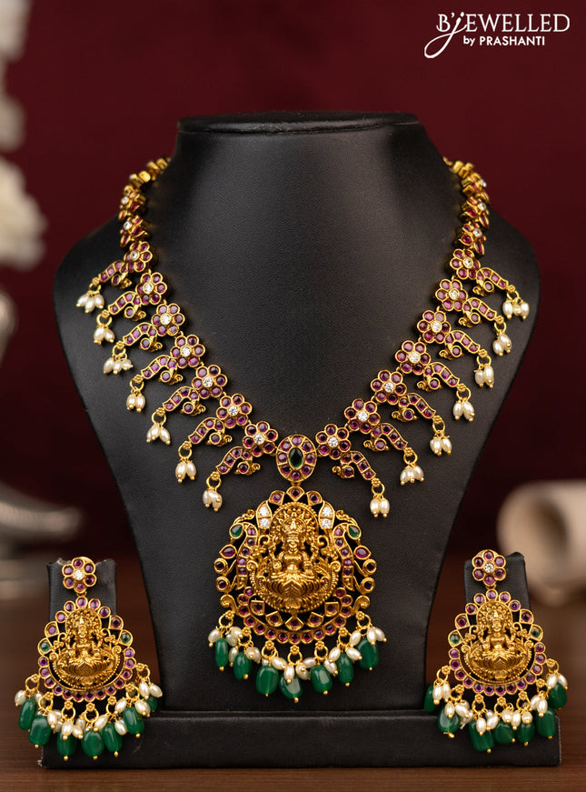 Antique guttapusalu necklace lakshmi pendant with kemp & cz stones and pearl & beads hanging