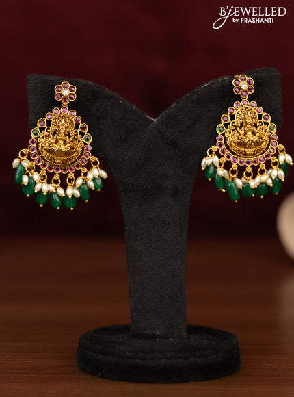 Antique guttapusalu necklace lakshmi pendant with kemp & cz stones and pearl & beads hanging