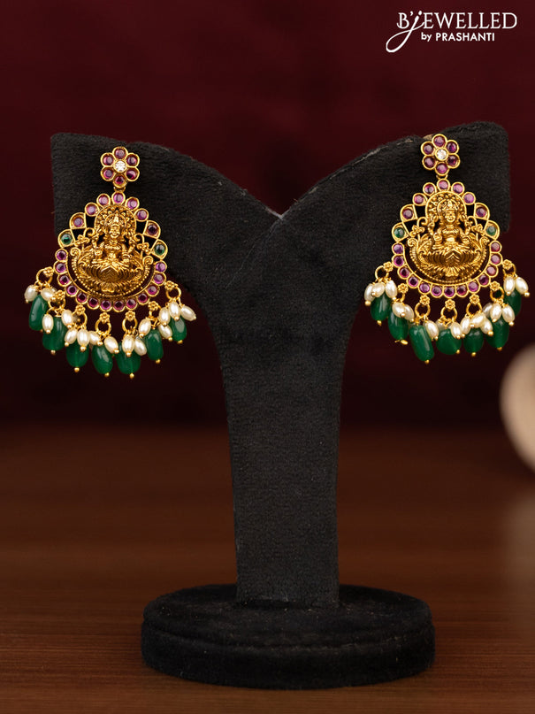 Antique guttapusalu necklace lakshmi pendant with kemp & cz stones and pearl & beads hanging
