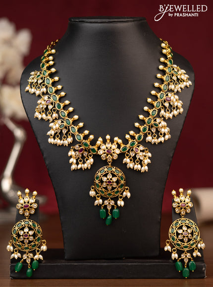 Antique guttapusalu necklace with kemp & cz stones and pearl & beads hanging