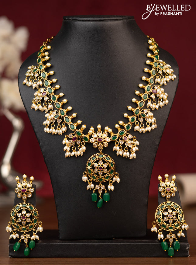 Antique guttapusalu necklace with kemp & cz stones and pearl & beads hanging