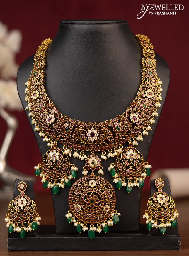 Antique guttapusalu necklace floral design with kemp & cz stones and pearl & beads hanging