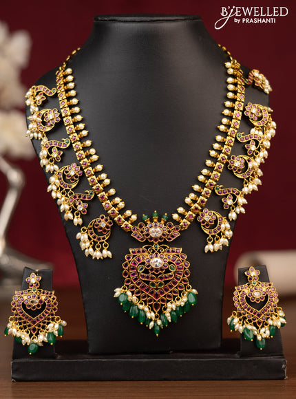 Antique guttapusalu necklace chandbali design with kemp & cz stones and pearl & beads hanging