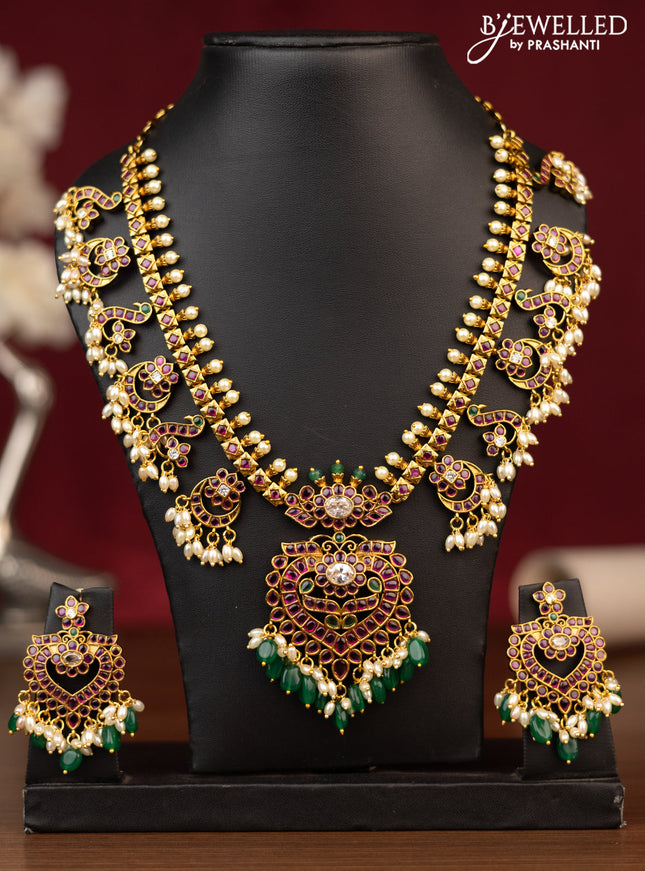 Antique guttapusalu necklace chandbali design with kemp & cz stones and pearl & beads hanging