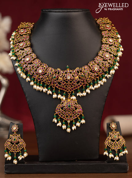 Antique guttapusalu necklace folral design with kemp & cz stones and pearl & beads hanging