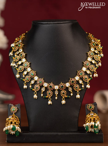 Antique guttapusalu necklace manga pattern with kemp & cz stones and pearl & beads hanging