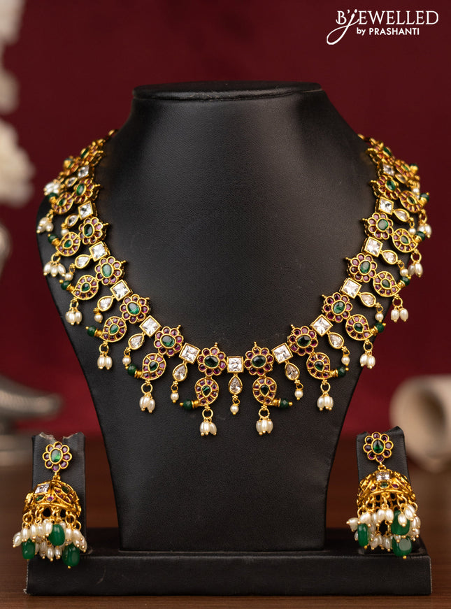 Antique guttapusalu necklace manga pattern with kemp & cz stones and pearl & beads hanging