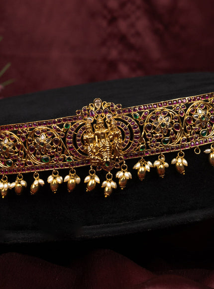 Antique self emboss hip belt ram parivar with kemp & cz stones pendant and pearl hangings