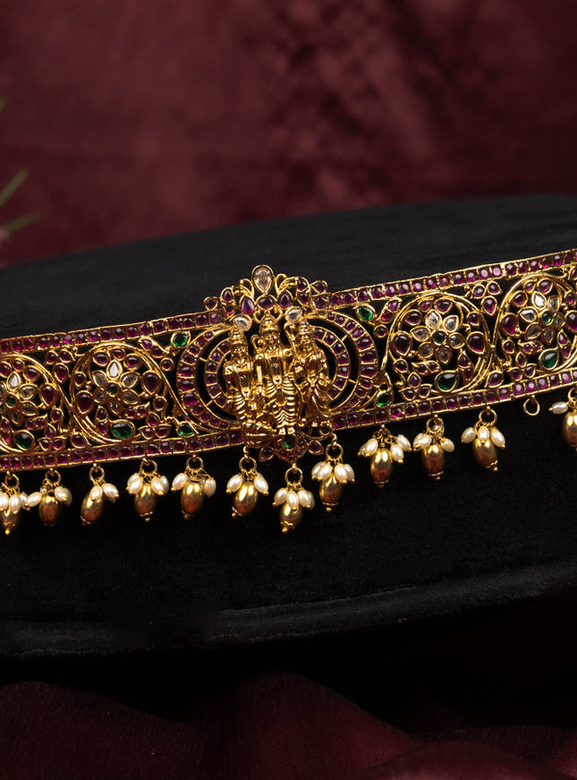 Antique self emboss hip belt ram parivar with kemp & cz stones pendant and pearl hangings