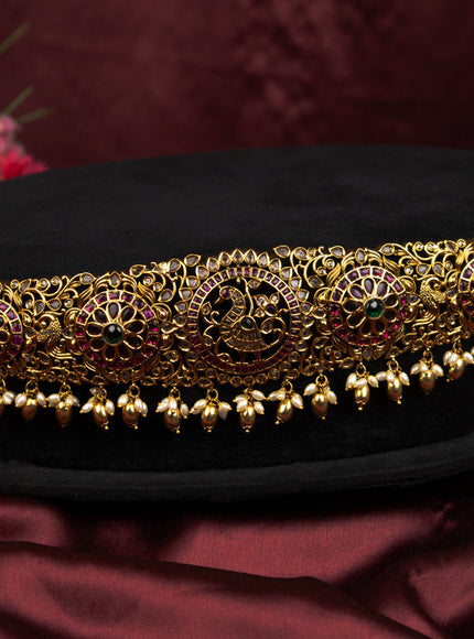 Antique self emboss hip belt peacock with kemp & cz stones pendant and pearl hangings