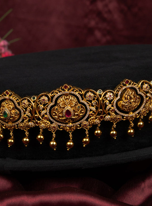 Antique self emboss hip belt with rotatable lakshmi pendant with kemp & cz stones and beads hangings