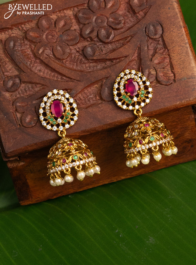 Antique jhumka with kemp & cz stones and pearl hangings