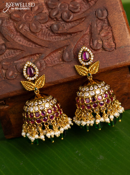 Antique jhumka with kemp & cz stones and pearl & beads hanging