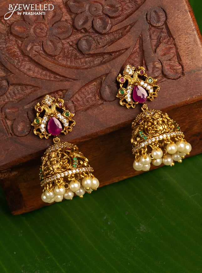 Antique jhumka lakshmi with kemp & cz stones and pearl & beads hanging