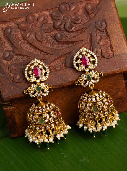 Antique jhumka with kemp & cz stones and pearl & green beads hanging